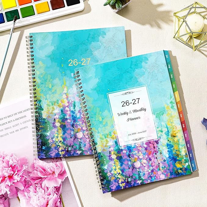 Planner 2026-2027 - Academic Planner 2026-2027, July 2026 - June 2027, 9" x 11", Weekly and Monthly Planner, Calendar Planner 2026-27 with Colourful Tabs & Pocket, Flexible Cover, Twin-Wire Binding- Oil Painting