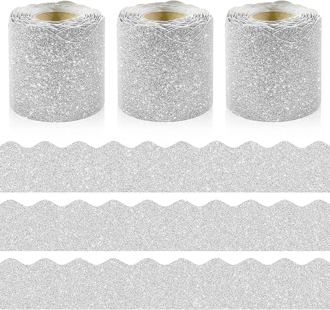 3 Rolls 98.4 Ft Glitter Bulletin Board Borders Set - Silver Bulletin Board Decorations for Classroom, Office，School Supplies & Home DIY - Perfect for Teachers, Posters & Birthday Party Decor