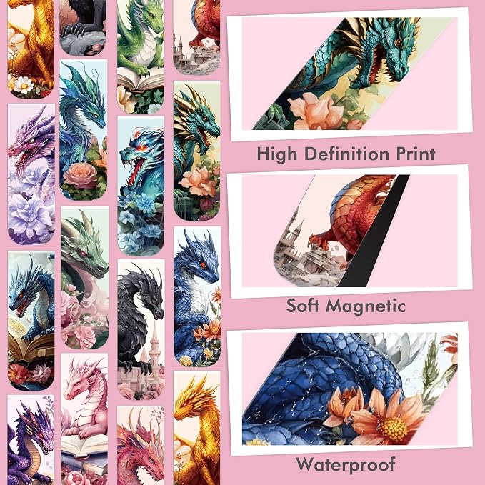 Dragon Floral Book Magnetic Bookmarks: 30 PCS Fantastic Dragon Book Mark Clips for Men Teens, Mythical Creature Book Accessories, Cool Reading Gifts for Men Boys Book Lovers, School Office Supplies