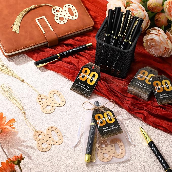 Spakon 50 Set 80th Birthday Party Favor for Guest Anniversary Party Favor Golden Birthday Bookmark Thanks Coming Pen with Tag Appreciation Gifts for Women Men Wedding Anniversary