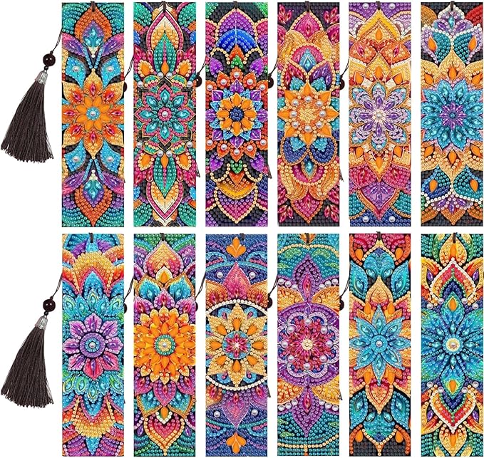 12 Pcs Diamond Painting Bookmarks,Mandala Diamond Art Bookmarks with Tassel, Diamond Art Painting Kits for Beginners Adults DIY Art Craft Gifts Book Decors