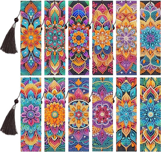 12 Pcs Diamond Painting Bookmarks,Mandala Diamond Art Bookmarks with Tassel, Diamond Art Painting Kits for Beginners Adults DIY Art Craft Gifts Book Decors
