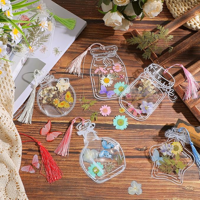 TaoBary 152 Pcs DIY Transparent Dried Flower Bookmark Set Handmade DIY Bookmarks with Dried Pressed Flowers Leaves Butterfly Stickers Colorful Tassels and Tweezers for Reader Writer(Macaron Color)