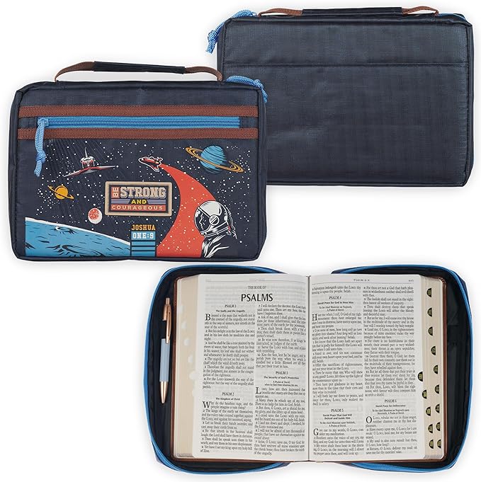 Christian Art Gifts Fashion Polyester Bible Cover for Boys & Girls: Be Strong Inspirational Scripture, Blue Multicolor Outer Space Travel Theme, Sturdy Pockets, Zippered, Pen Loops, Easy Carry, Medium