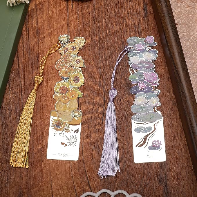 2 PCS Metal Bookmarks with Tassel, Pretty Women's Bookmarks - Water Lilies and Sunflowers Design (BKM-046-001)