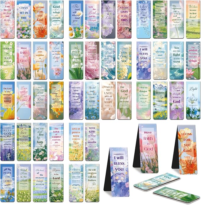 48Magnetic Bookmarks Bible Bookmark Christian Bookmarks Bulk Book Marks for Reading Women Men Adults Kids Book Lovers Gifts, Cute Personalized Religious Magnet Bookmark Clips (Flower)