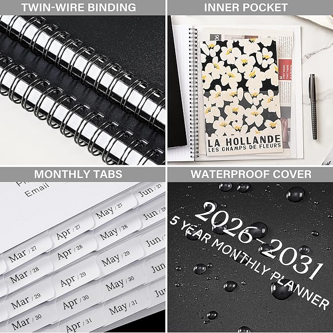 2026-2031 Monthly Planner - 5 Year Planner/Calendar, 9" x 11", 5 Year Calendar 2026-2031 Monthly Planners with Tabs, JUL. 2026 - JUN. 2031, Twin-Wire Binding, Double-Side Pocket - Waterproof Cover