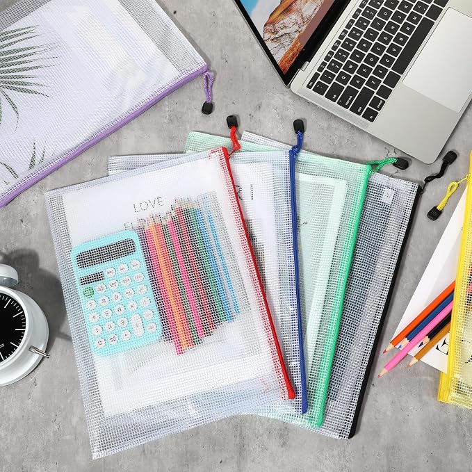 Zhehao 100 Pcs A4 Mesh Zipper Pouch Bag Bulk Mesh Pouch with Zipper Waterproof Clear Storage Bag for School Office Supplies Cosmetics Travel(A4(13.19 x 9.45 in),Vivid Color)