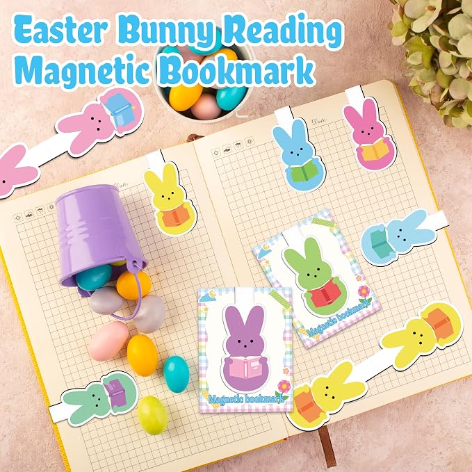 Laffact Easter Bunny Reading Bookmarks - 9Sets Colorful Bunny Magnetic Books Tracker Bulk with Book Mark Cards, Double-Sided Keep Reading Page Clip Marker Book Club Gifts for Book Lover Reader Bookish