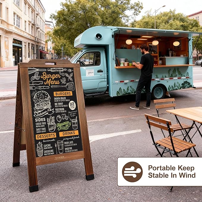 Magnetic Portable A-Frame Chalkboard Signs, 40" x 20" Large Wood Sandwich Board Signs Outdoor, Double-Sided Sidewalk Standing Chalk Board for Business, Wedding, Vendor Display, Coffee Shope - Brown