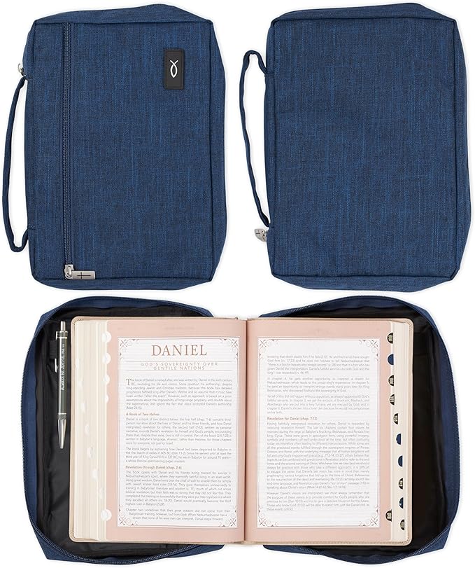 Christian Art Gifts Polyester Bible Cover for Men & Women w/Jesus Fish Patch, Zipper Pocket, Pen Loops, Easy Carry Book Case for Stationery, Accessories, Navy Blue, Medium