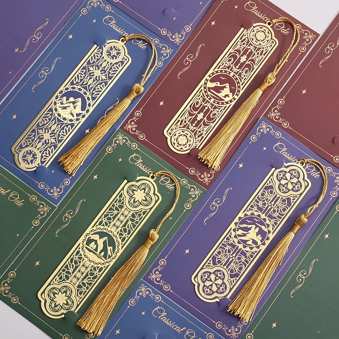4 Pieces Metal Bookmarks with Tassel Big Size, Golden Vintage Aesthetics Scenery Mountain Theme Book Mark, Bookmark for Women Book Lovers Gift Writers Readers Teens Men