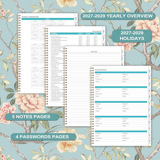 2027 Monthly Planner - 2027 Planner with Tabs, Monthly Planner/Calendar 2027, Jan. 2027 - Dec. 2027, 9" x 11", Strong Gold Twin-wire Binding, Back Pocket, Note Pages - Floral