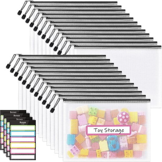 Sooez 24 Pack Mesh Zipper Pouch with Sticky Labels, A4 Mesh Bags, Sturdy Letter Size File Folders Organizer, Office School Classroom Supplies, Toy Storage Bag Board Game Puzzles Organization, Black
