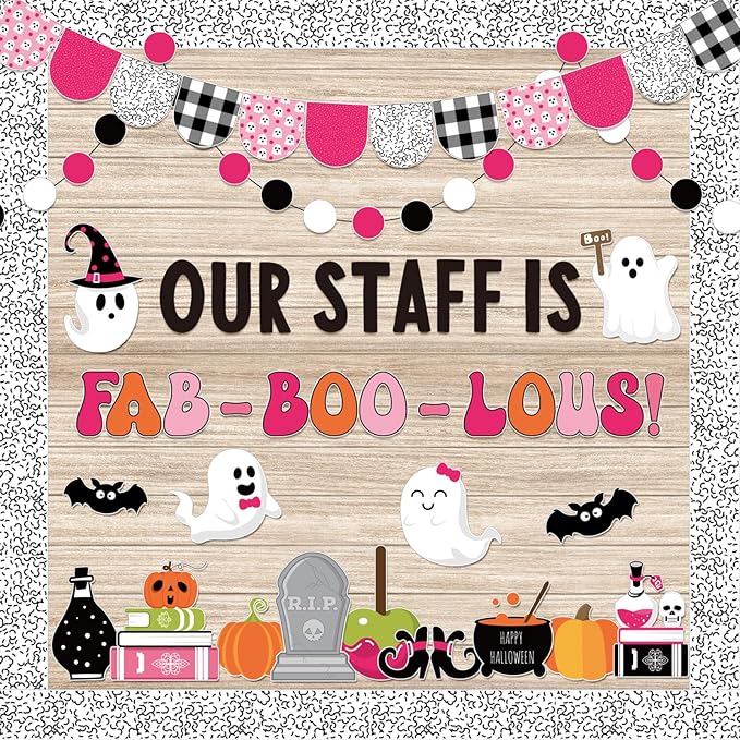 JarThenaAMCS 97Pcs Halloween Ghost Bulletin Board Decoration Set Pink Cute Ghost Boo Pumpkin Paper Cutouts with 100Pcs Glue Points for Halloween Birthday Party Classroom