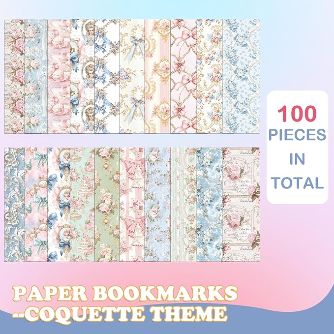 Coquette Aesthetic Bookmarks Gifts, 100 Pcs Vintage Paper Book Marks, Double-Sided Matte Laminated Floral & Bow Designs, Cute Reading Accessories for Women and Book Lovers