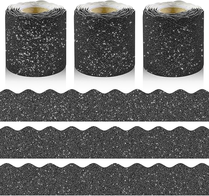 3 Rolls 98.4 Ft Glitter Bulletin Board Borders Set - Black Bulletin Board Decorations for Classroom, Office，School Supplies & Home DIY - Perfect for Teachers, Posters & Birthday Party Decor