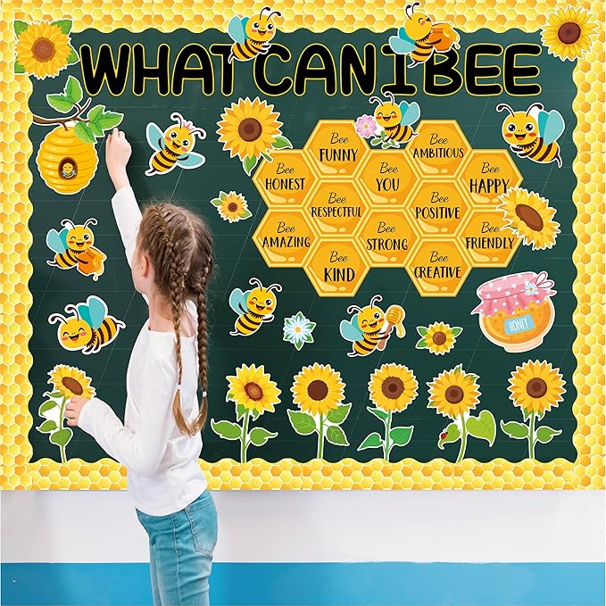 Sokfone Bee Bulletin Board Decor Set, Beneficial Habits Classroom Themes Decoration for Back School Teacher Student Door Wall Chalkboard Supplies