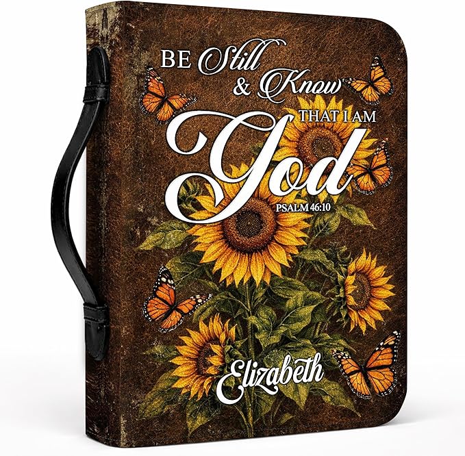 Custom Leather Bible Cover with Name – Personalized Bible Case for Women Zippered with Handle, Bookmark & Storage Pockets, Christian Gift for Mom, Daughter, Grandma (Be Still & Know, M-2XL)