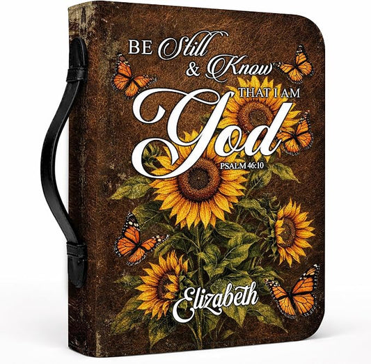 Custom Leather Bible Cover with Name – Personalized Bible Case for Women Zippered with Handle, Bookmark & Storage Pockets, Christian Gift for Mom, Daughter, Grandma (Be Still & Know, M-2XL)