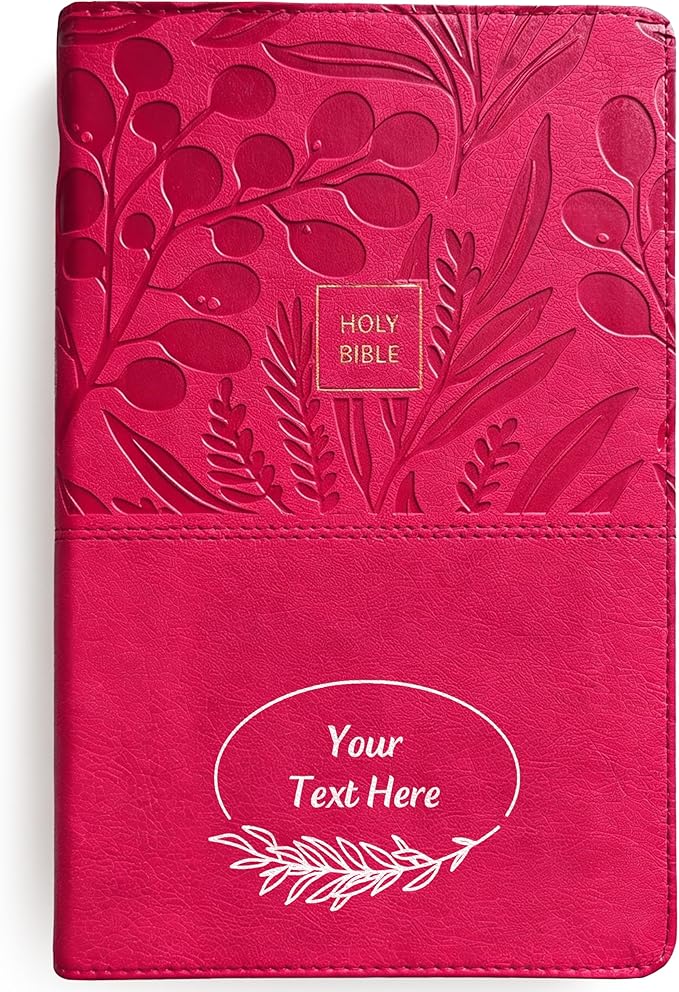 Personalized NKJV Reference Bible, Custom Name Text & Design, New King James Version, Large Print, Red Letter, Cross References, Faux Leather Pink, Baptism Confirmation Gift