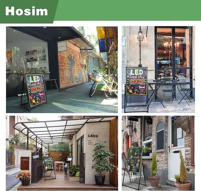 Hosim Standing A-Frame LED Message Writing Board, 32”x 24" Illuminated Erasable Neon Restaurant Menu Sign Board with 8 Colors Markers & 16 Lighting Colors DIY Chalkboard Light Up Sign