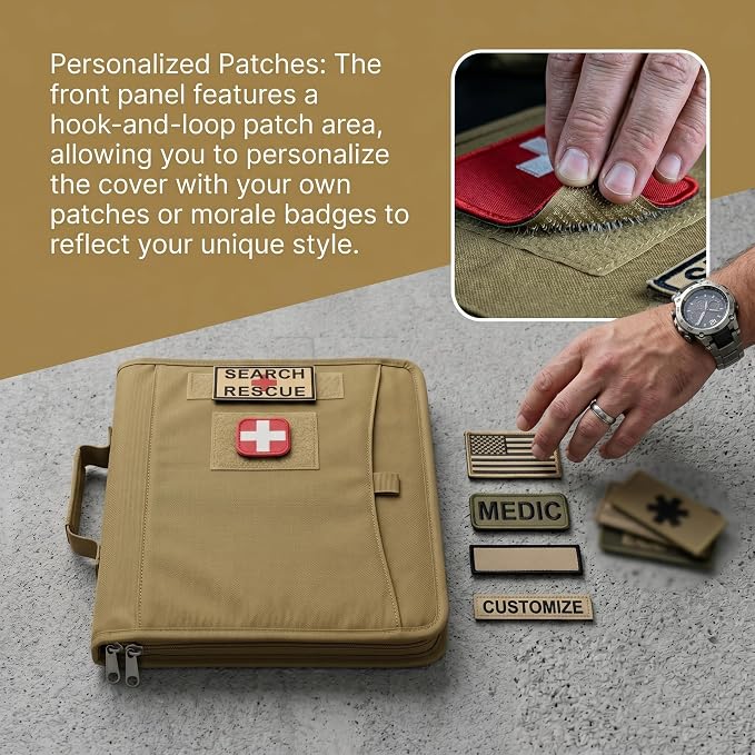 Tactical Notebook Cover, A4 Padfolio with Detachable 3-Ring Ring Binder, Multi-Pocket Organizer & Hand Strap, Zippered Hardcase Planner(Khaki, A4(13.8 x 12 inches))