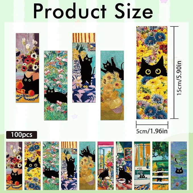 Black Cat Bookmarks Bulk, 100 Pcs Vintage Oil Painting Paper Book Marks for Book Lovers Women Kids, Double Sided Page Markers for Reading Classroom Library Office Supplies Birthday Gifts