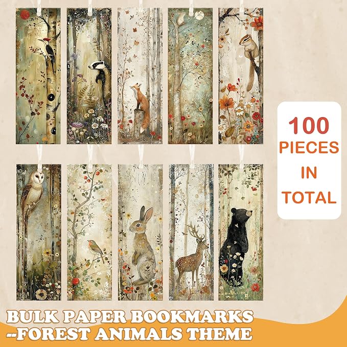 Forest Animals Bookmarks, 100 Pcs Double-Sided Bulk Paper Book Marks with 4mm Hole & Strings, Nature Illustration Reading Accessories for Women and Book Lovers