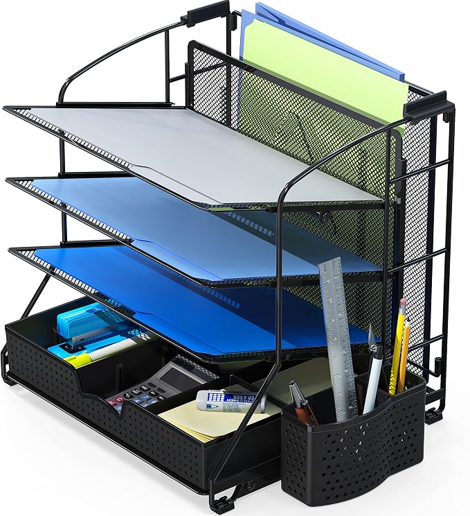 Simple Houseware Desktop Document Tray Organizer with Sliding Drawer, Caddy, Hanging File Section, Black