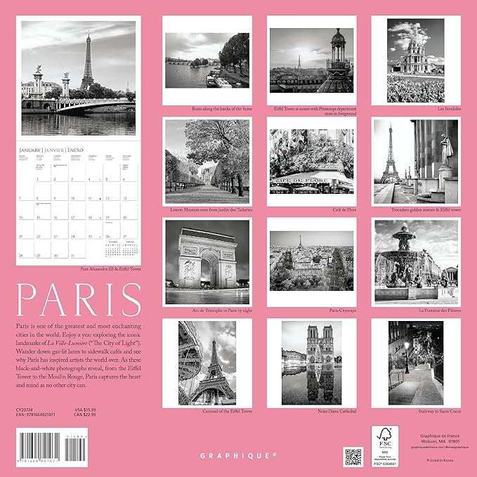 Graphique 2024 Paris Wall Calendar | 12” x 12” | Thick Paper | Home & Office Organizer | Large Monthly Grid | 3 Languages & Marked Holidays | 4 Month Preview Page for 2025