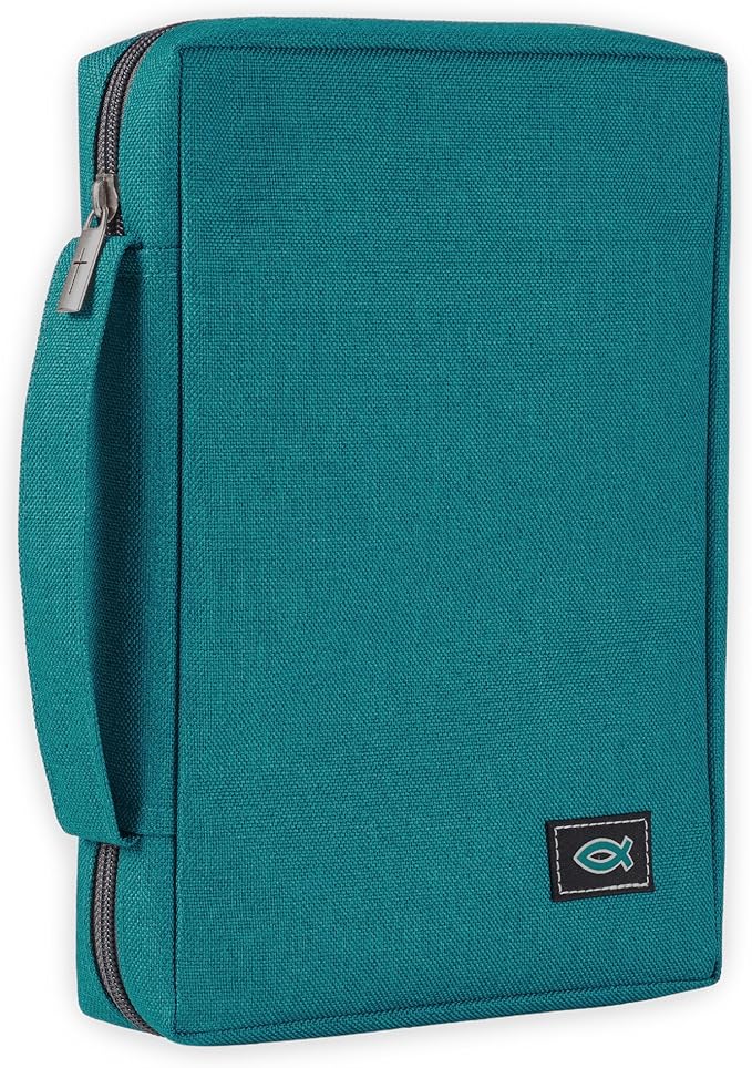 Christian Art Gifts Men & Women’s Bible Cover – Jesus Fish Symbol, Teal Canvas, Large Size – Durable Zipper Case with Handle, Pen Loop, Interior & Exterior Pockets, Easy-Clean Protective Bible Bag