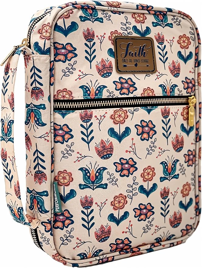 Performore Bible Cover Case for Women and Girls, Large Floral Bible Bag with Handle and Pockets, Water-Resistant Zippered Carrying Case, Fits Study Books 10.2 x 7.5 x 2.7 In, Christian Gift