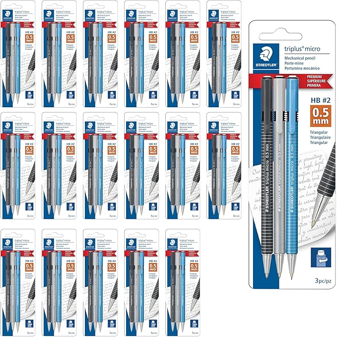 STAEDTLER Triplus Micro Mechanical Pencils 18 Pack (18 sets of 3 pcs) (#2) 0.5mm lead, Retractable with Twist Eraser, Ergonomic Triangular Grip for Writing, Drawing & Drafting, 54 Count