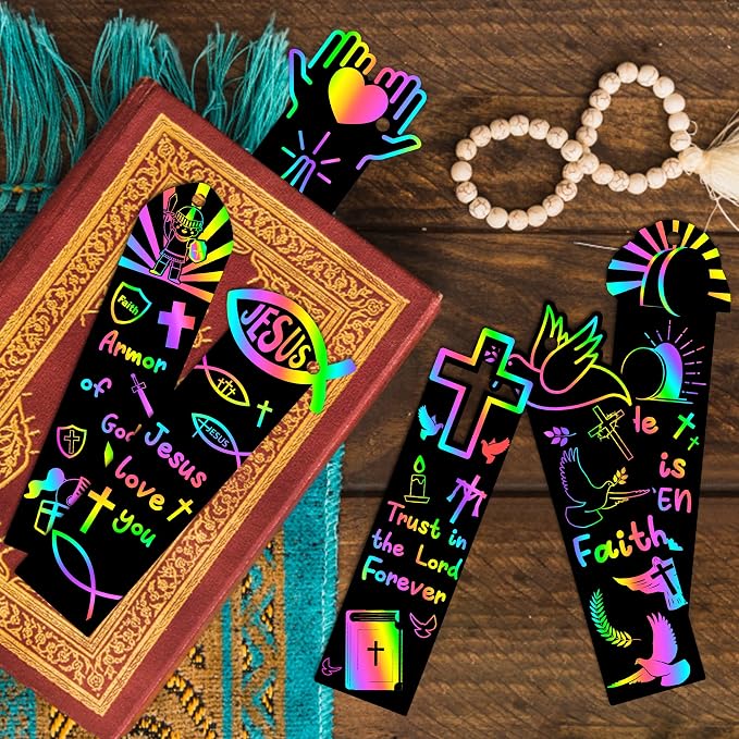 CY2SIDE 60PCS Religious Scratch Bookmarks, DIY Crosses Rainbow Color Paper Cards Craft Kits for Christian Sunday School Church, Easter Magic Art Project for Vacation Bible Classroom