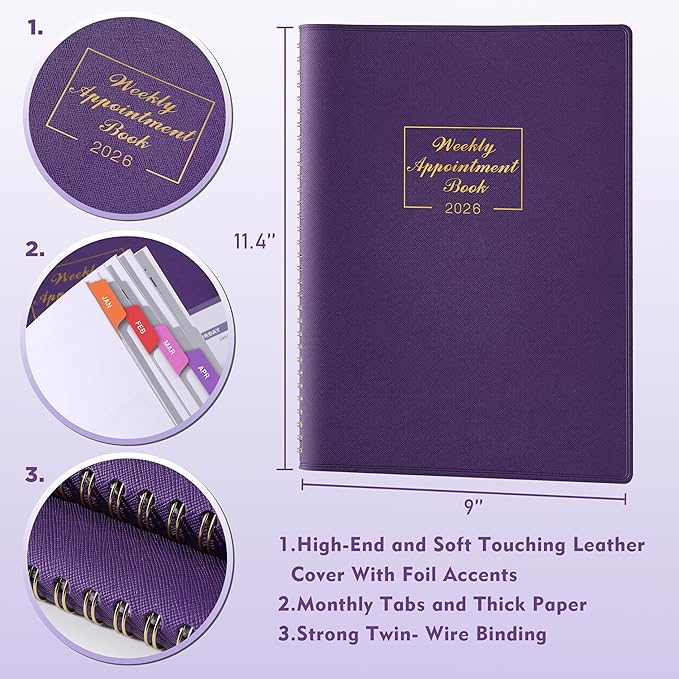 2026 Weekly Appointment Book - Daily Planner 2026 from January 2026 - December 2026, 8.5" x 11", 15-Minute Interval, Flexible Leather Cover, 12 Monthly Tabs, Back Pocket