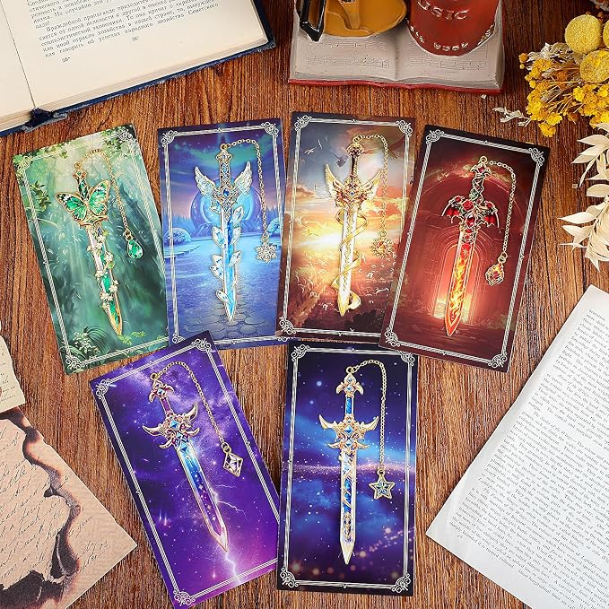 6Pcs Fantasy Sword Metal Bookmarks Set, Cool Wing Bookmark, Fantasy Bookmark Gifts for Book Lover, Reading Accessories for Books Journals Planners, 1.57 x 4.33in