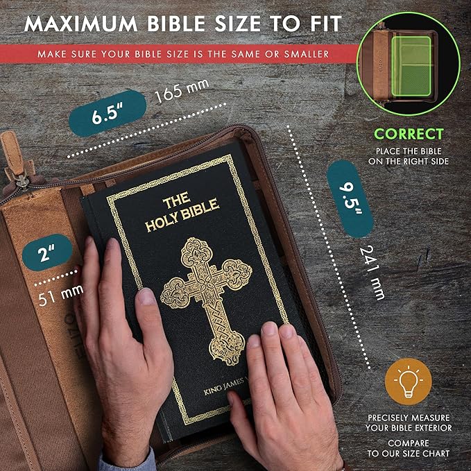 ELIZO Leather Bible Cover Bible Case for Men Women Genuine Leather Bible Bag Holder Cross Large Carrying with Zipper Case Protector Christian Religious Gifts for Mens Pioneer (Saddle/Green, Small)