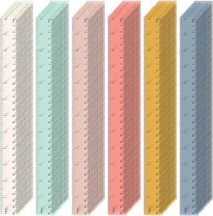 60 Pcs Plastic Clear Rulers 12 Inch, Transparent Assorted Color Ruler Bulk, with Imperial and Metric Scales for Home Office Supplies, Available in 6Colors (Bohemian Colors)