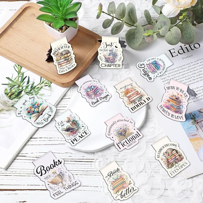 Funny Bookish Magnetic Bookmarks - 24 Pcs Read Books Flowers Magnet Book Marks Bulk Page Markers Clips for Reading Women Kids Lovers Students Teachers School Office Supplies Birthday Gifts
