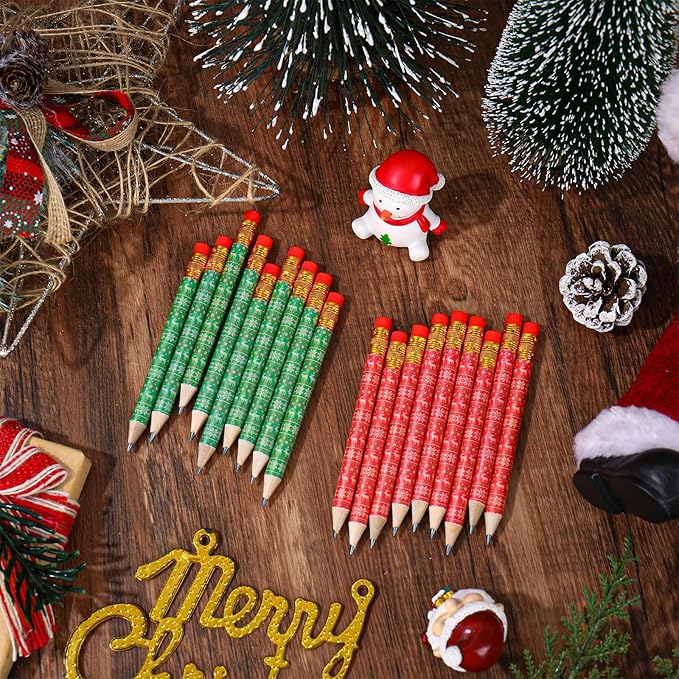 JarThenaAMCS 50 Pcs Christmas Short Pencil with Eraser 4 In Red Green Ugly Sweater Themed Writing Pencil Wood Xmas Winter Half Pencils for Classroom Office Stationery Gift