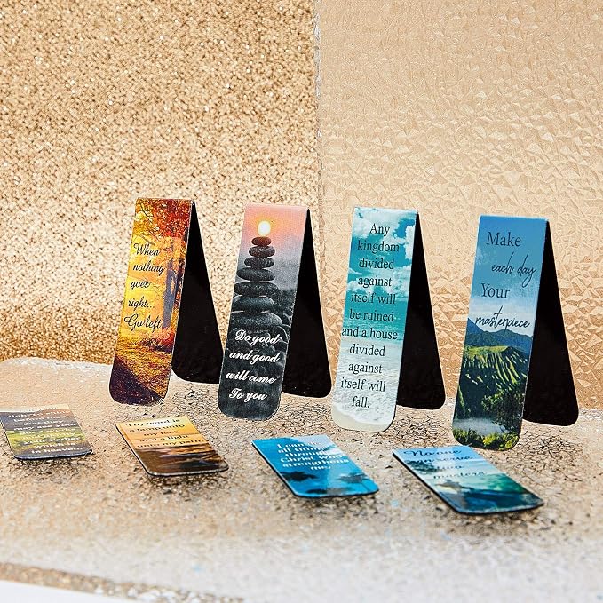 Zonon 12 Pcs Bible Magnetic Bookmark Inspirational Scripture Christian Book Markers Religious Verse Magnetic Bookmark Page Clip Assorted Marker Set with Landscape for Reading School Supplies