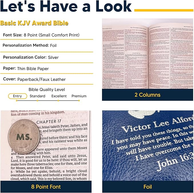 Personalized KJV Bible Faux Leather Bible Small Print Economy Bible with Custom Name at The Lower Right Side & Red-Highlighted Verses, Custom Gift for Christian Celebrations (Blue)