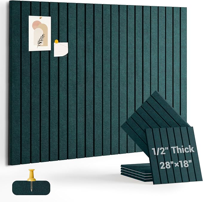 1/2" Thick Cork Board for Office, 6 Pack Felt Wall Tiles -28"x18" with Safe Adhesive Tabs, Large Bulletin Board, Push Pin Board Organizer Wall - Forest Green