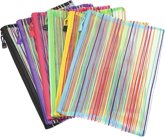 MECCANIXITY Mesh Zipper Pouches, A4 Pencil Case Document File Bags Storage Organizer for Office Supply Travel Accessory, Multicolor Pack of 6