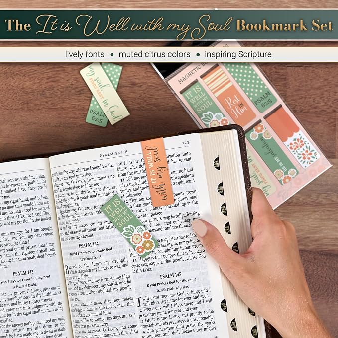 Christian Art Gifts Magnetic Scripture Bookmark/Pagemarker Set for Women: It is Well with My Soul - Set of 6, Inspirational Scripture for Bibles, Fridges & Books, Multicolor Teal & Pink Floral, Small