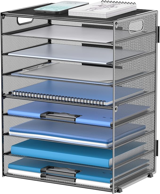 DALTACK 9-Tier Paper Organizer for Desk, Mesh Letter Tray Desk Organizer with Handles, Space-Saving File Organizer for Office Home School Classroom, Black