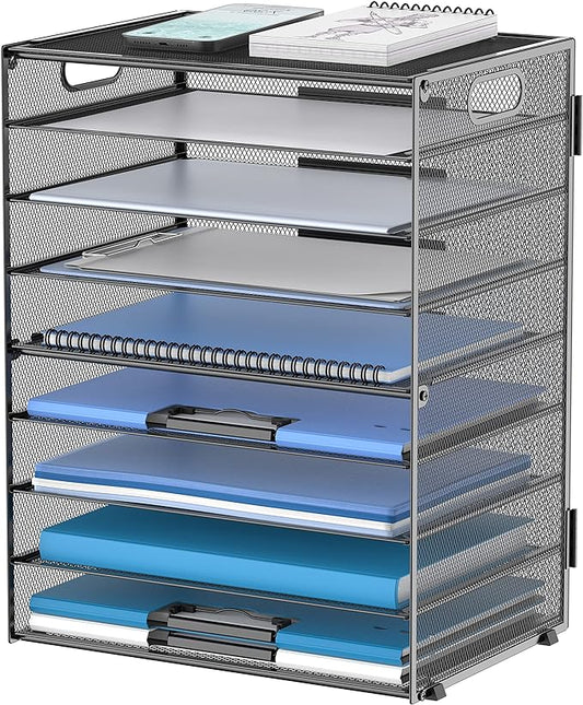 DALTACK 9-Tier Paper Organizer for Desk, Mesh Letter Tray Desk Organizer with Handles, Space-Saving File Organizer for Office Home School Classroom, Black