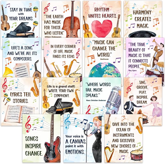 Decorably 15 Music Posters for Classroom Elementary and High School, 11x14in Inspirational Matte-Laminated for Learning Spaces, Hallways, Bulletin Boards, Home Study Room