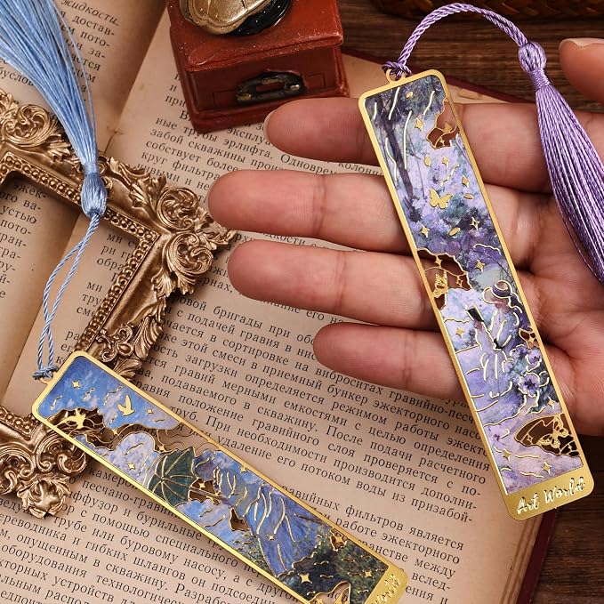 12 Pieces Metal Bookmarks with Tassel, Golden Hollow Bookmark Oil Painting Theme Girl Book Mark Bookmarks for Book Lovers Writers Readers Children Teens Men Women Adults